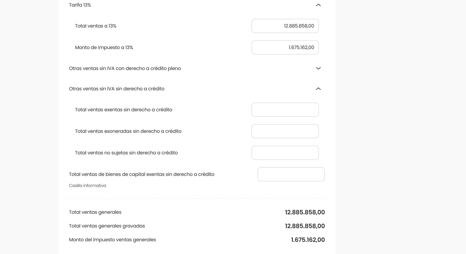 Detalle de la tarifa 13 % en el D-150: Total ventas a 13 % de 12.885.858 y Monto de impuesto a 13 % de 1.675.162