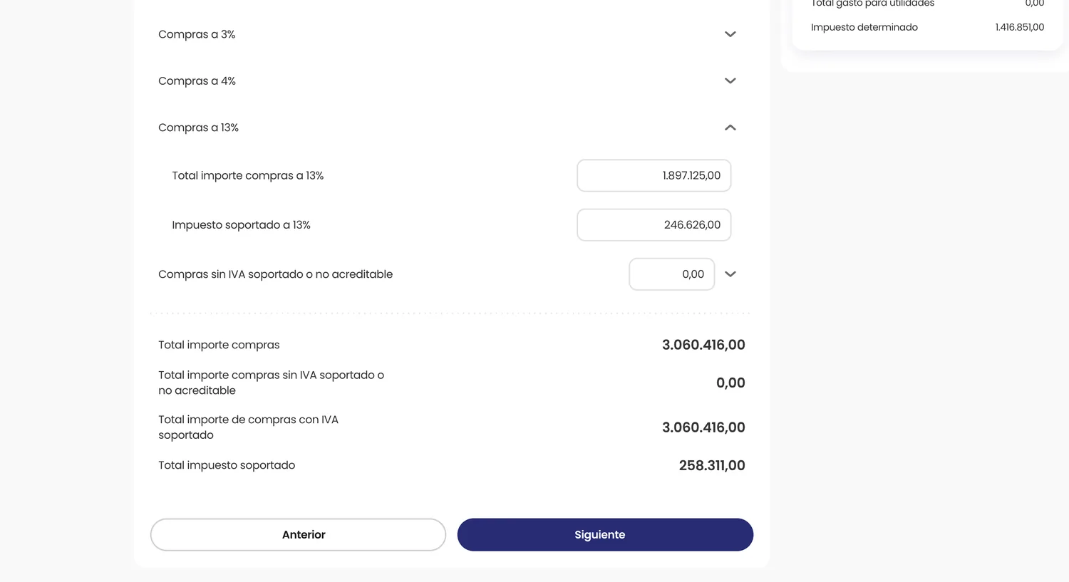 Detalle de compras a 13 % en el D-150: total importe 1.897.125 e impuesto soportado 246.626, con los totales de compras