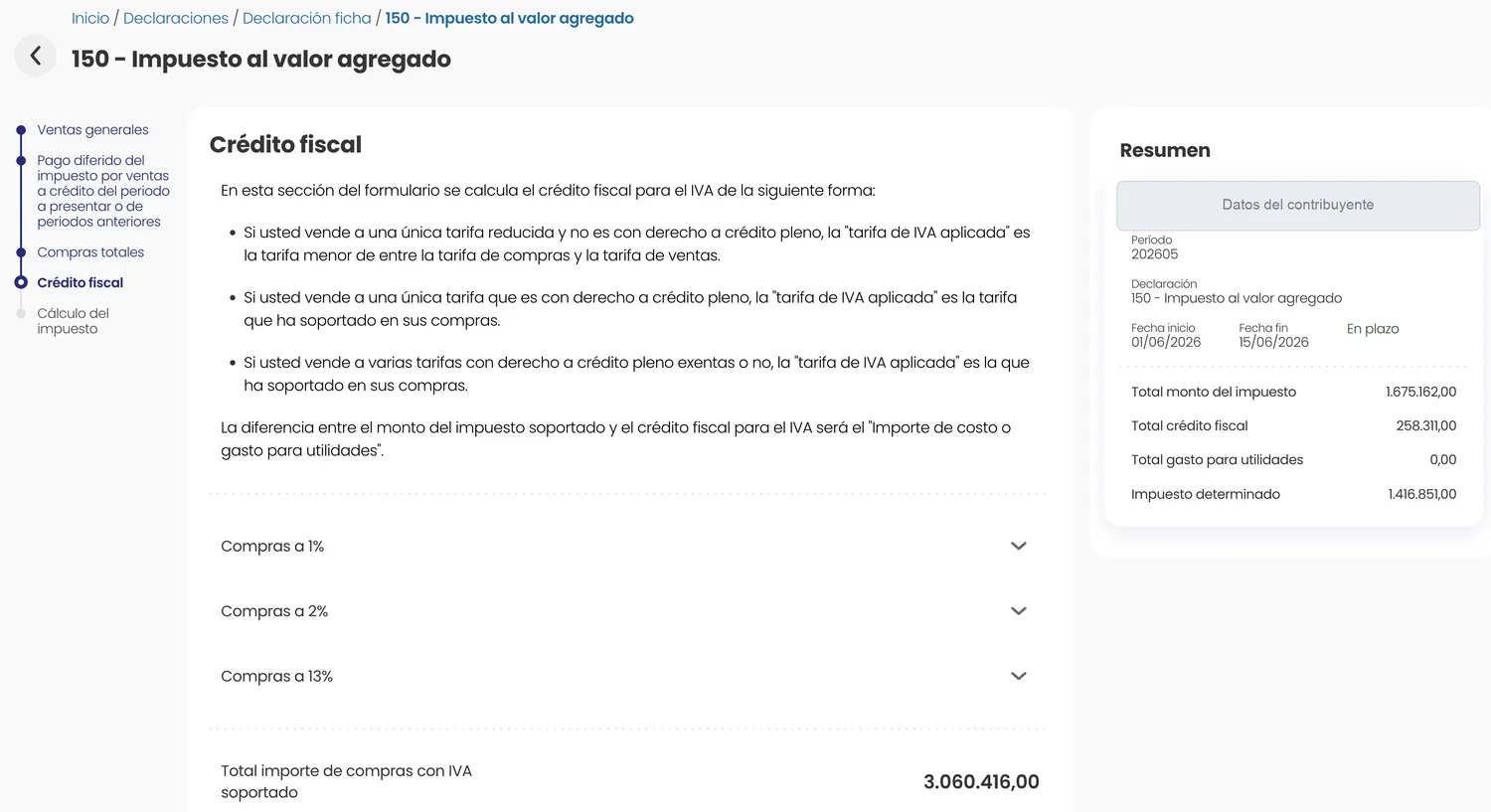 Pantalla Crédito fiscal del D-150, con la explicación de cómo se calcula la tarifa de IVA aplicada según las ventas
