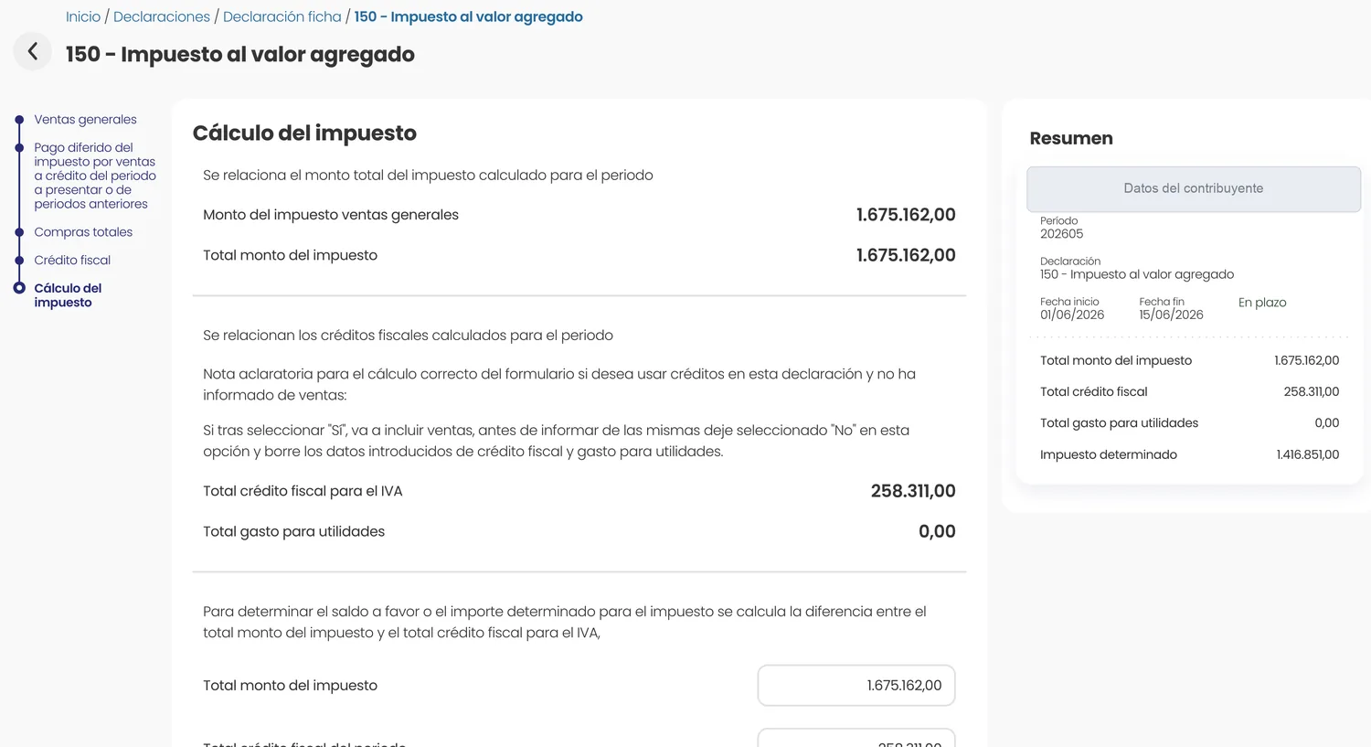 Pantalla Cálculo del impuesto del D-150: monto del impuesto 1.675.162 menos crédito fiscal 258.311, con el Resumen a la derecha