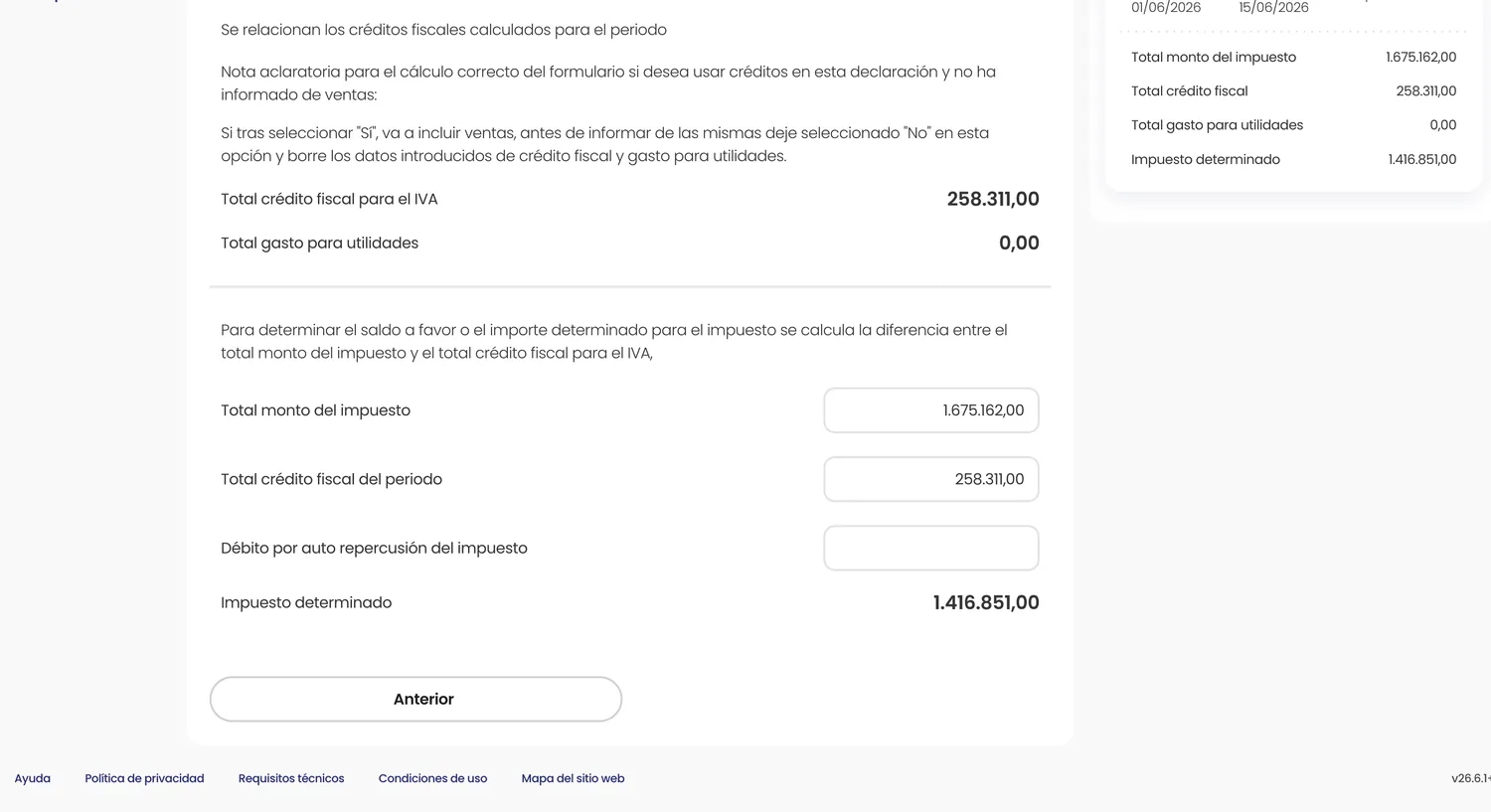 Resultado final del D-150: total monto del impuesto 1.675.162, total crédito fiscal del periodo 258.311 e impuesto determinado 1.416.851