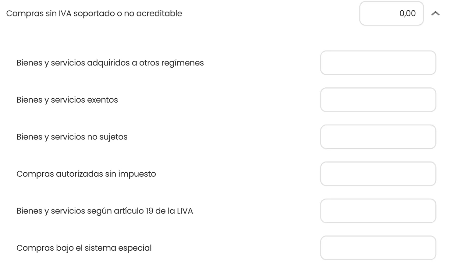 Casillas de compras sin IVA soportado del D-150: bienes y servicios exentos, no sujetos, adquiridos a otros regímenes y según el artículo 19 de la LIVA