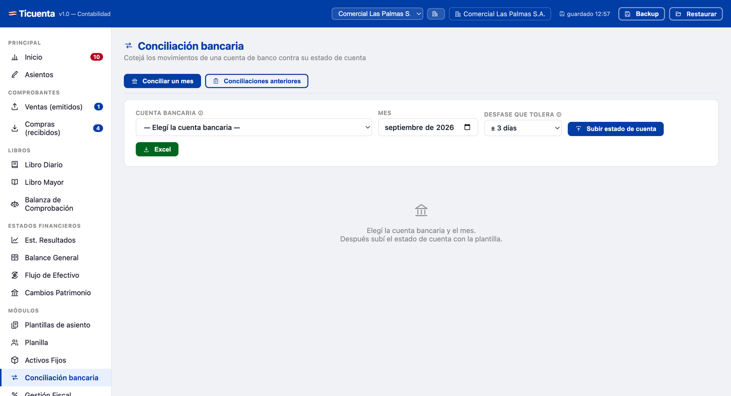 Módulo de conciliación bancaria comparando los movimientos del banco con los asientos de los libros.