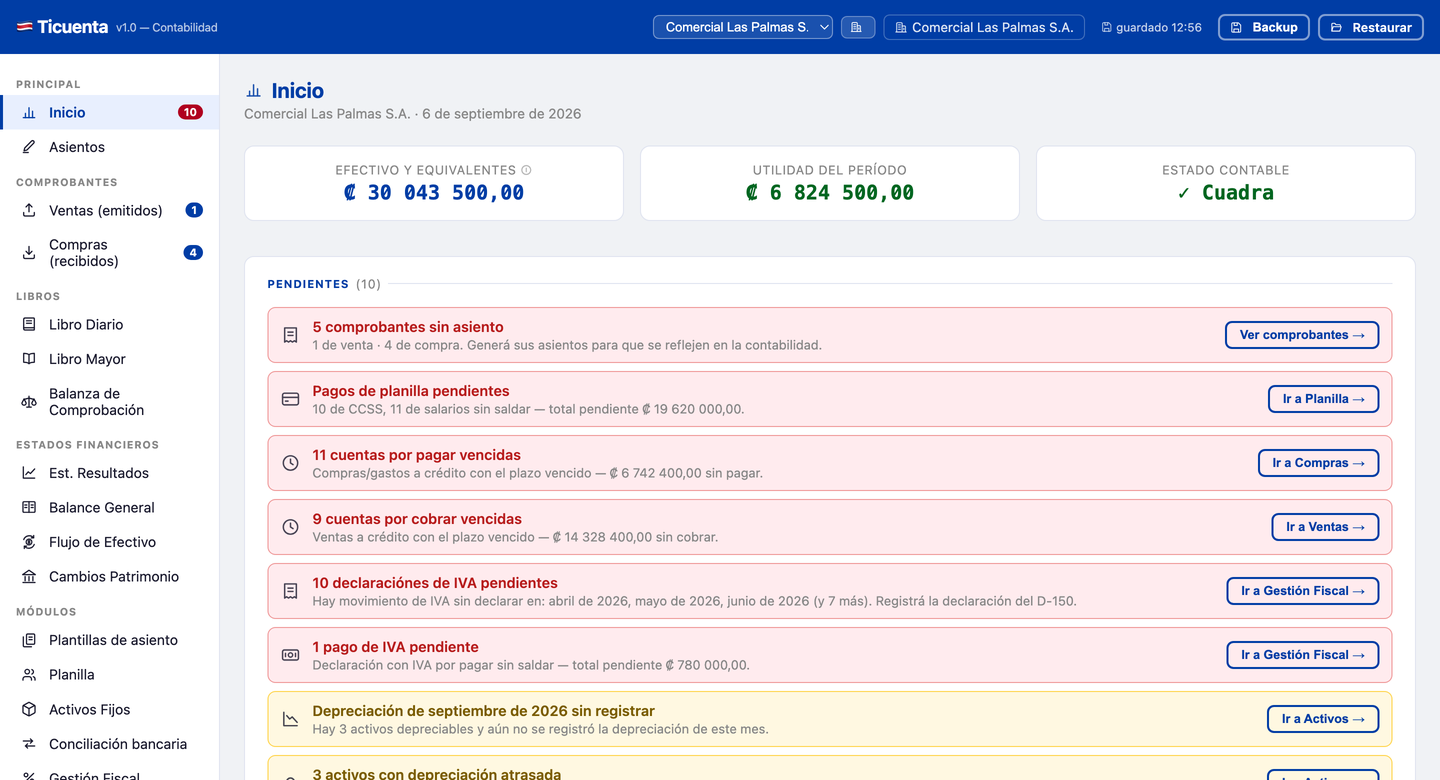 Pantalla de inicio de Ticuenta Contabilidad con el efectivo, la utilidad del período, el estado contable y una lista de diez pendientes.