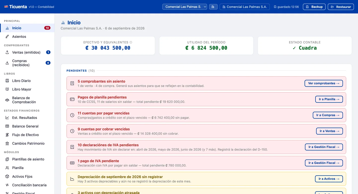 Pantalla de inicio de Ticuenta Contabilidad con el efectivo, la utilidad del período y la lista de pendientes.