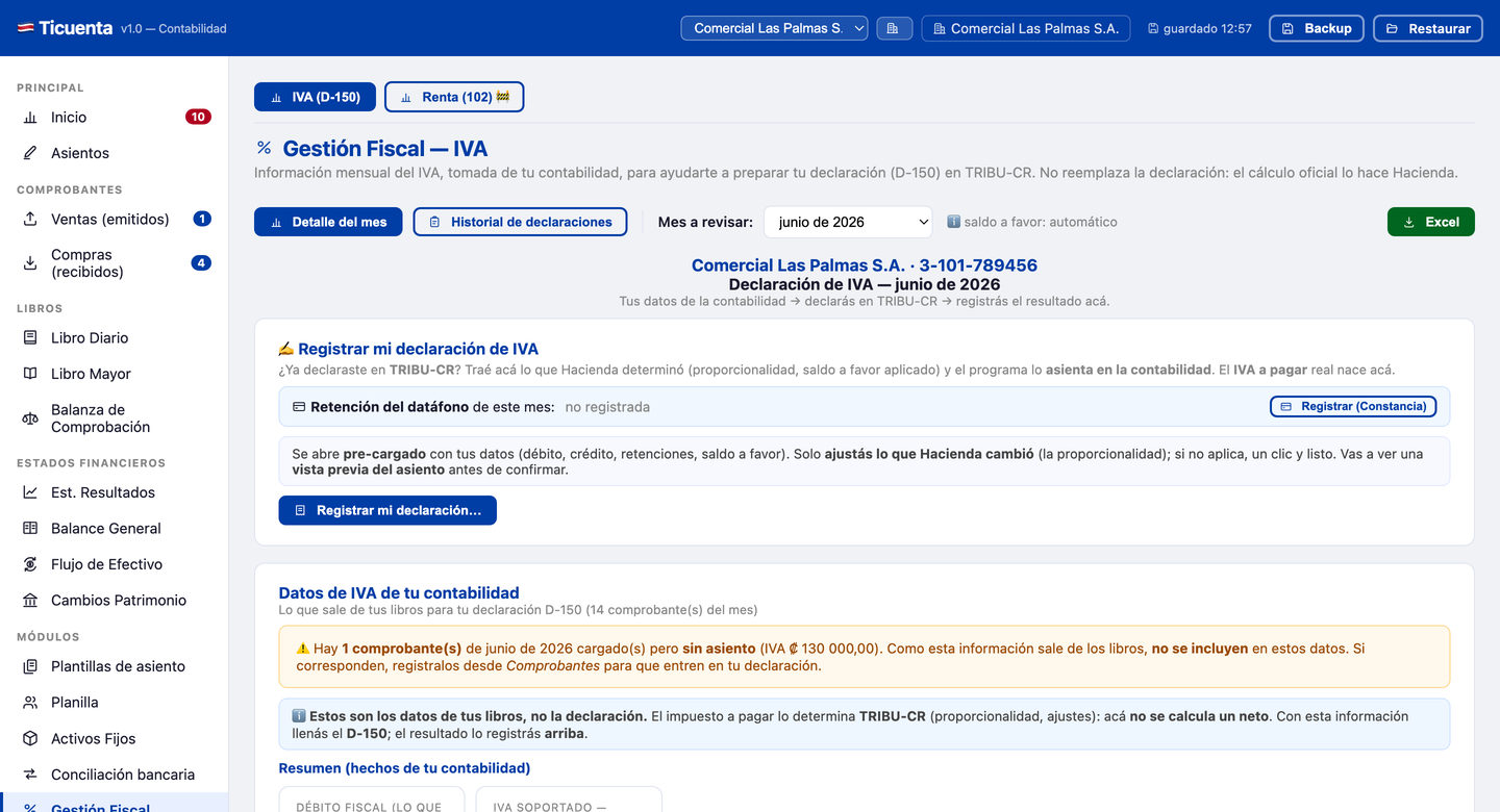 Módulo de gestión fiscal con el IVA del mes tomado de la contabilidad, listo para preparar la declaración D-150.